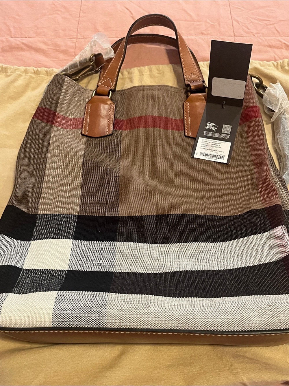 Burberry Tottenham Classic Plaid Canvas Tote w/Saddle Brown Leather Trim - NWT